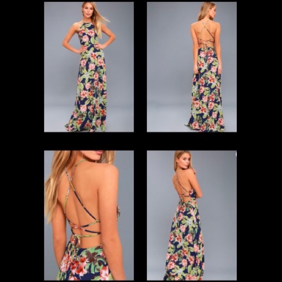 Lulus Dresses & Skirts - Lulu’s Blue Floral Sleeveless Halter Style Long Maxi Dress